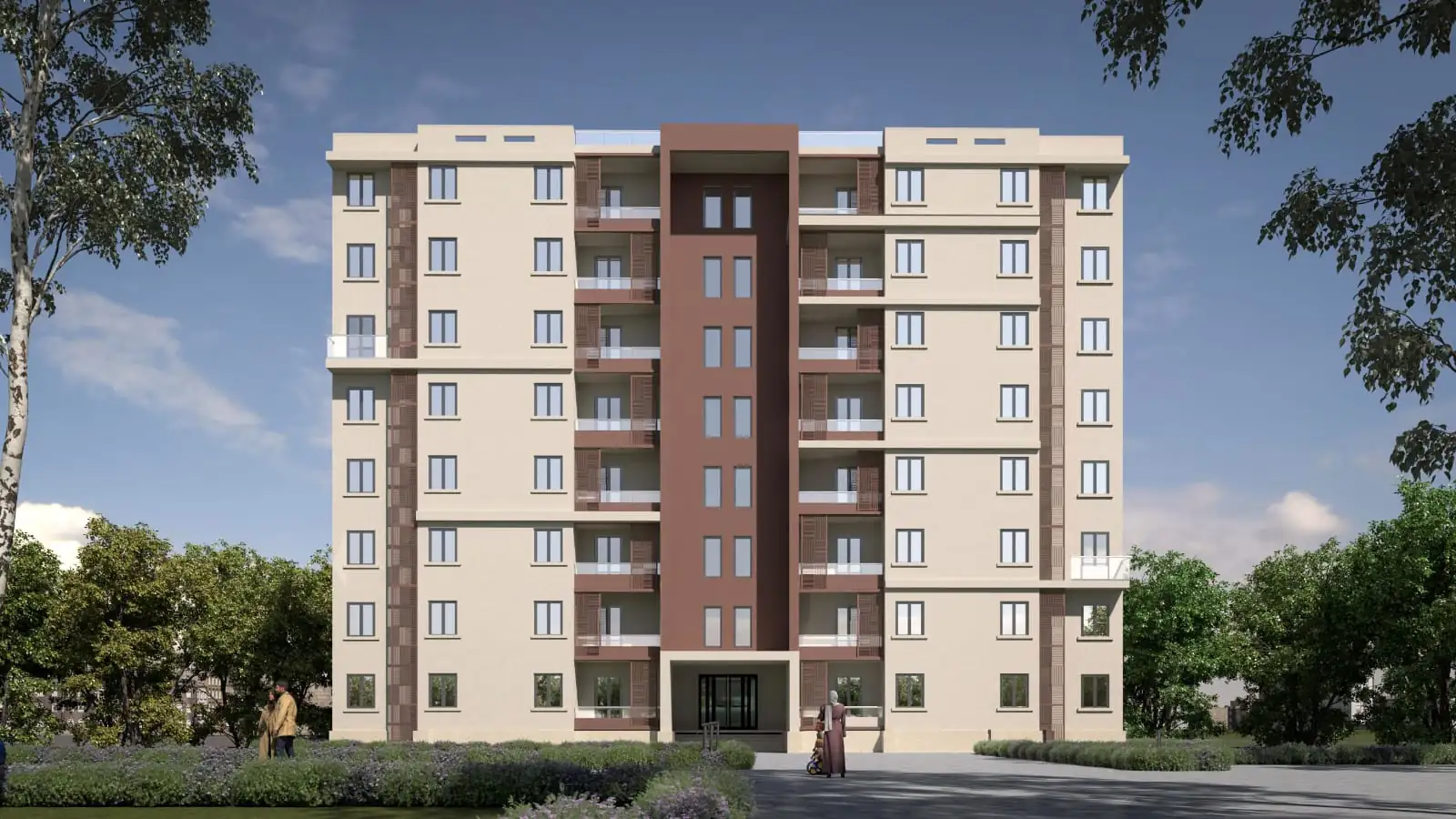 Ground plus seven storey residential building with terracotta bands at T Residences New Alamein