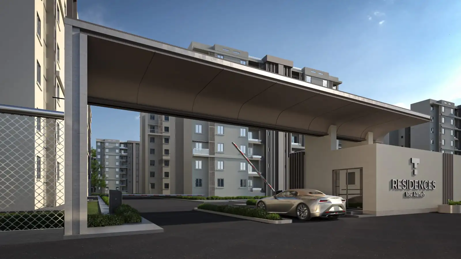Main gate and entrance canopy at T Residences New Alamein