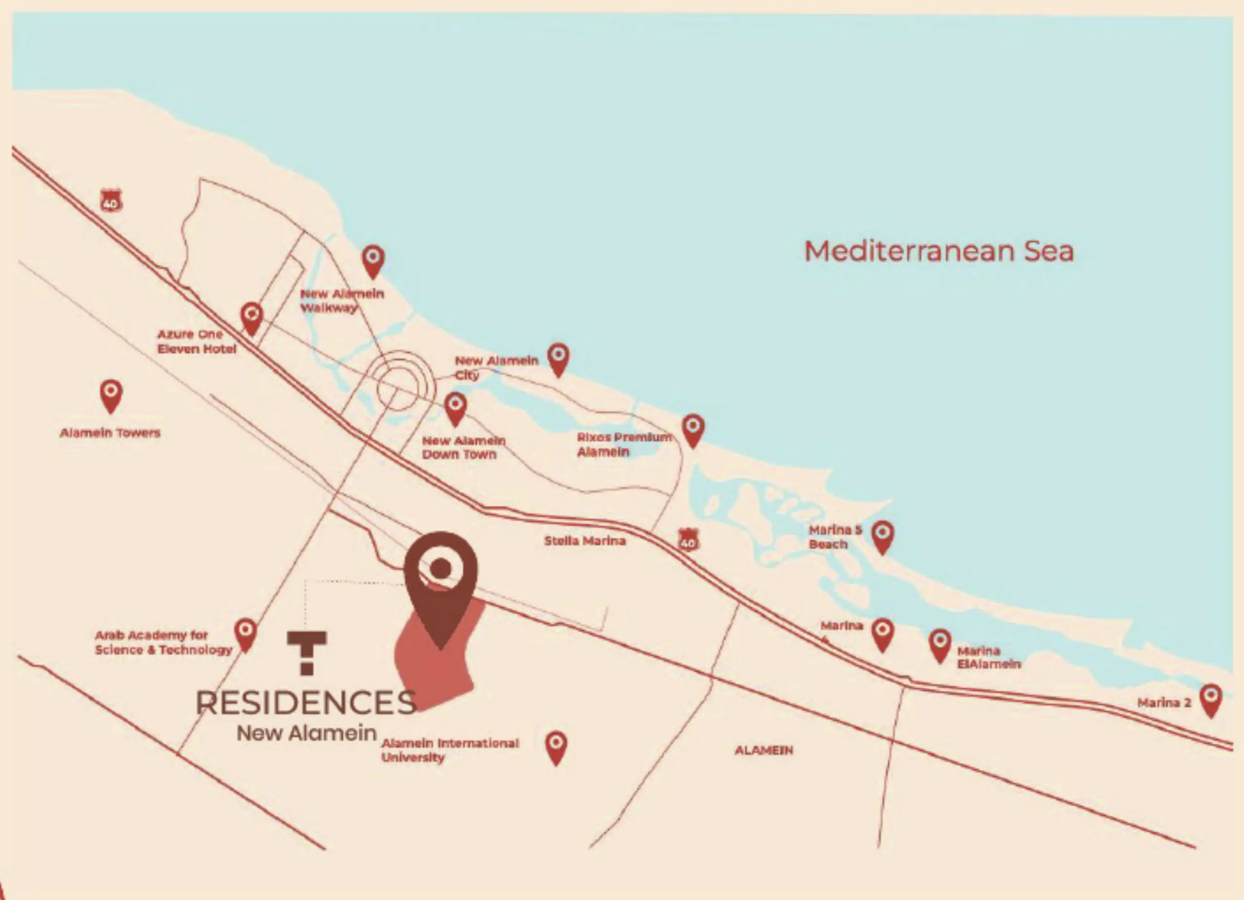 Map of T Residences New Alamein inland of the coastal road, five minutes from Alamein International University