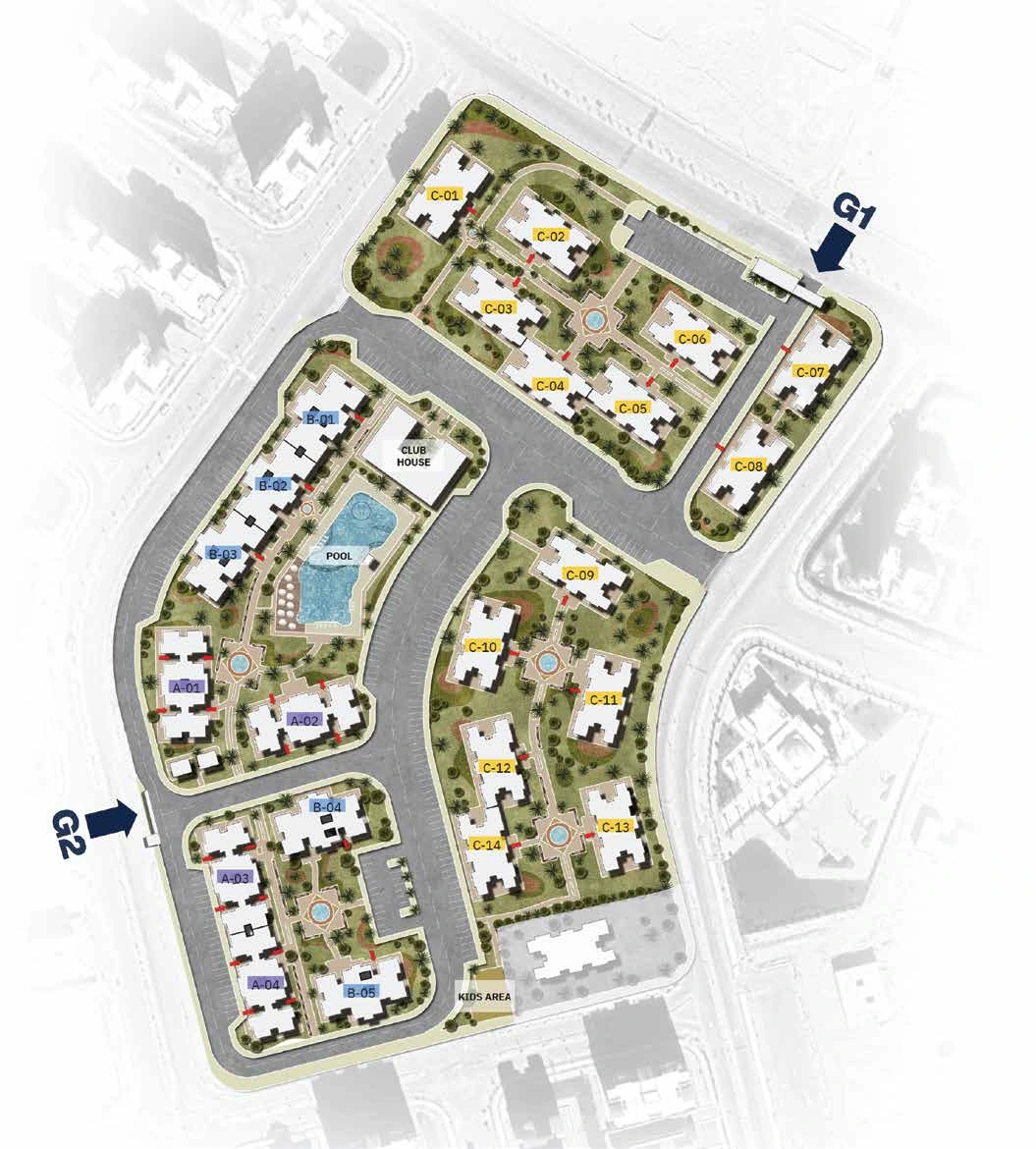 T Residences New Alamein master plan showing 23 buildings, the clubhouse, the pool and three gates